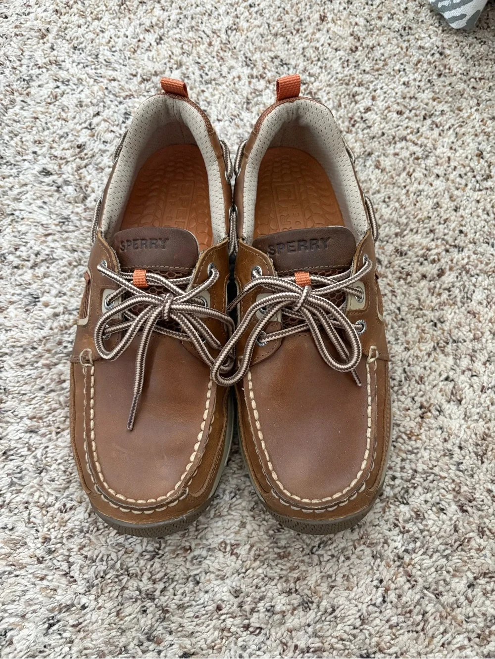 Sperry Men's Chestnut Brown Leather Boat Shoes with Orange Accents